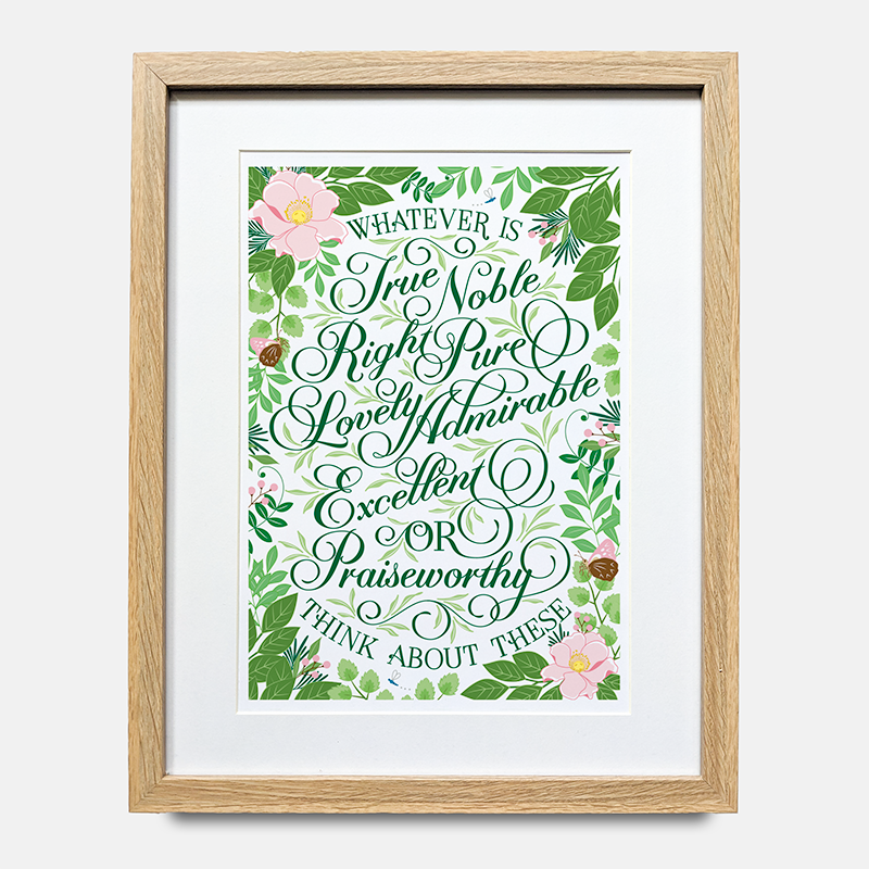 Hand-lettered Whatever is true bible verse print by Lacewing Creative