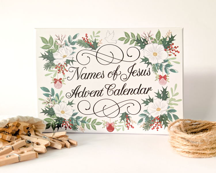 Names of Jesus Advent Calendar box with wooden pegs and jute twine